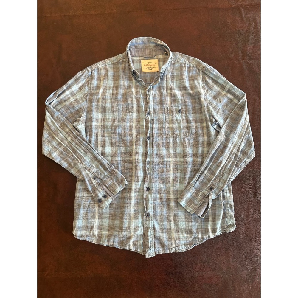 Weatherproof Vintage Mens Blue Brown Plaid Long Sleeve Button Down Shirt Large